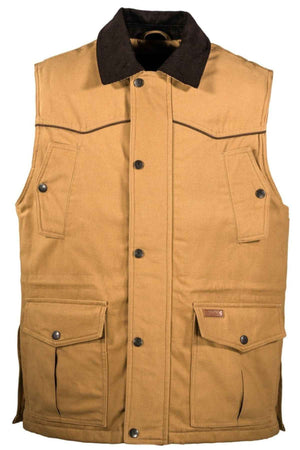 Discover the versatility of the Outback Cattleman Vest, featuring a tan, sleeveless design with multiple pockets and a front button closure. This rugged vest comes with a black collar and is perfect for outdoor enthusiasts. Made from durable, machine washable cotton fabric, it's ideal for manual work.