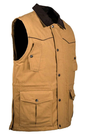 The Outback Cattleman Vest is a tan, sleeveless work vest made from machine-washable cotton fabric. It boasts a contrasting dark collar and a button-up front design, along with multiple pockets including two large flap pockets near the waist, a chest pocket with a flap, and a small shoulder pocket. Durable and ideal for outdoor enthusiasts or manual labor.