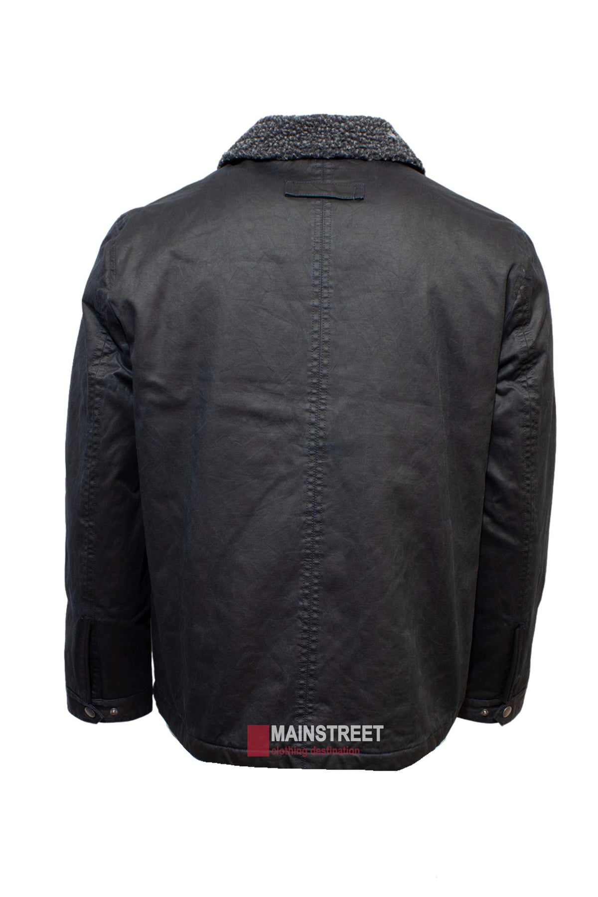 A back view of the Outback Heritage Jacket shows its sherpa-lined collar, buttoned cuffs, and MAINSTREET logo near the hem—all set against a white background. Perfect for your next outdoor adventure.
