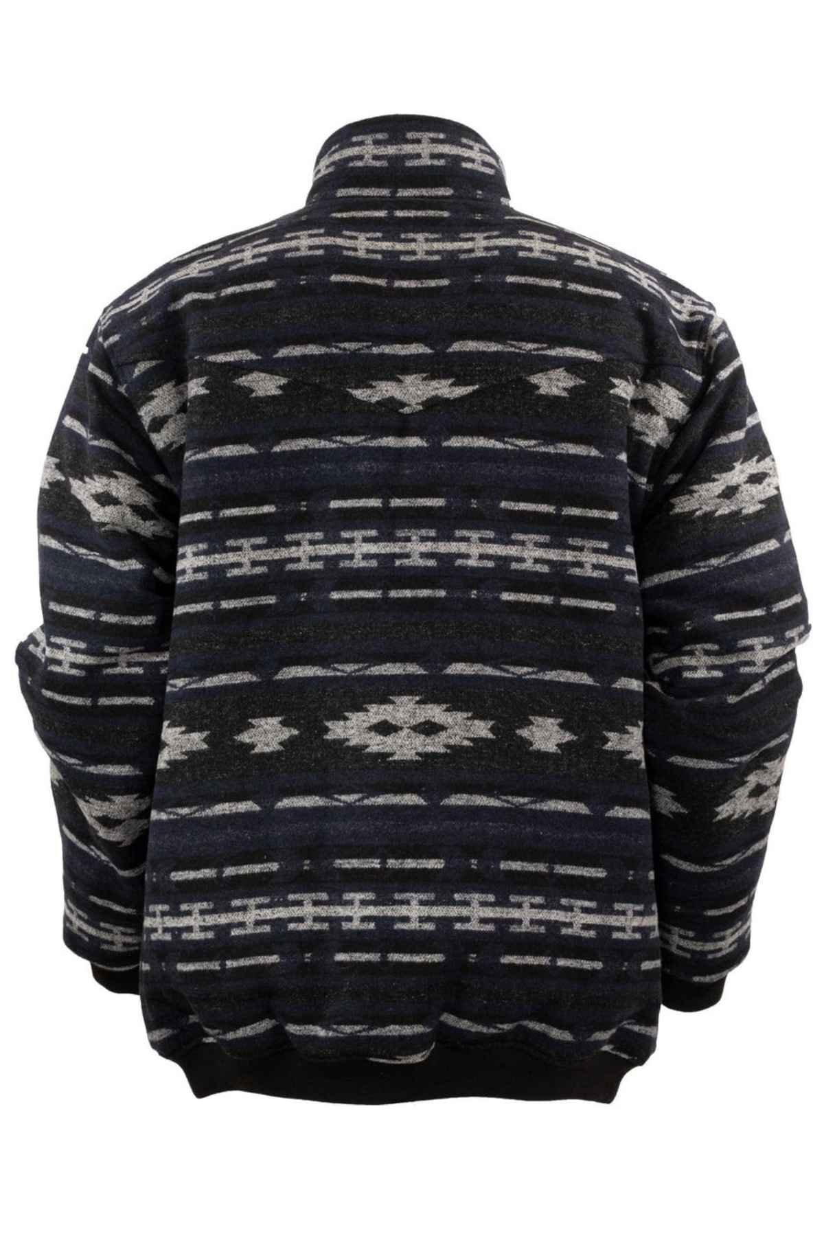 The Outback Marc Jacket features a gray and white geometric pattern on the back with horizontal lines, diamonds, and abstract shapes. It includes a cozy brushed shell, berber lining, high collar for warmth, and a versatile 2-way zipper.