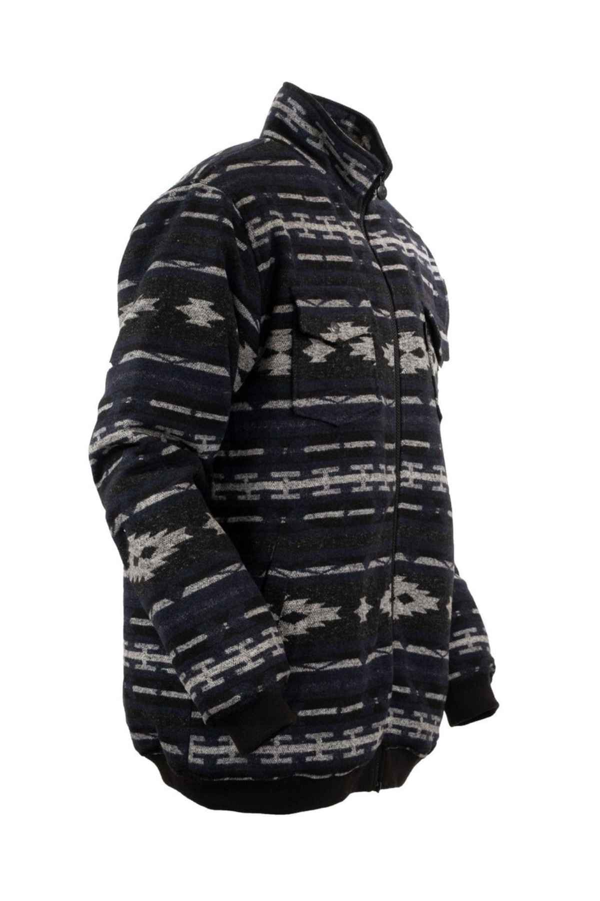The Outback Marc Jacket features a tribal-inspired black and grey geometric design, crafted with a brushed shell, Berber lining, high collar, front pockets, and a 2-way zipper for versatile use.