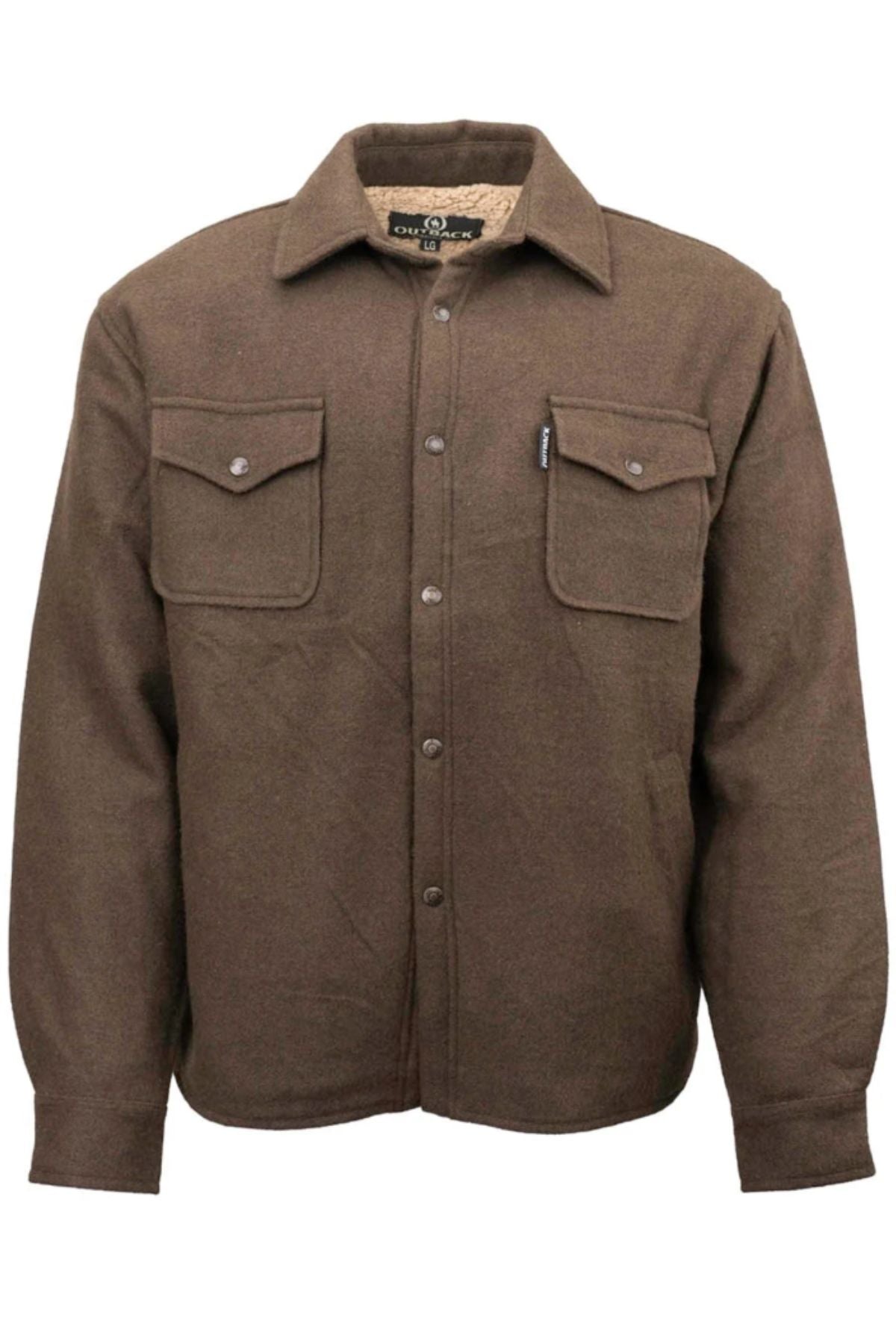The Outback Phoenix Jacket is a brown long-sleeve button-up with two chest pockets and a collar, built for rugged Australian conditions. Shown on a plain white background.