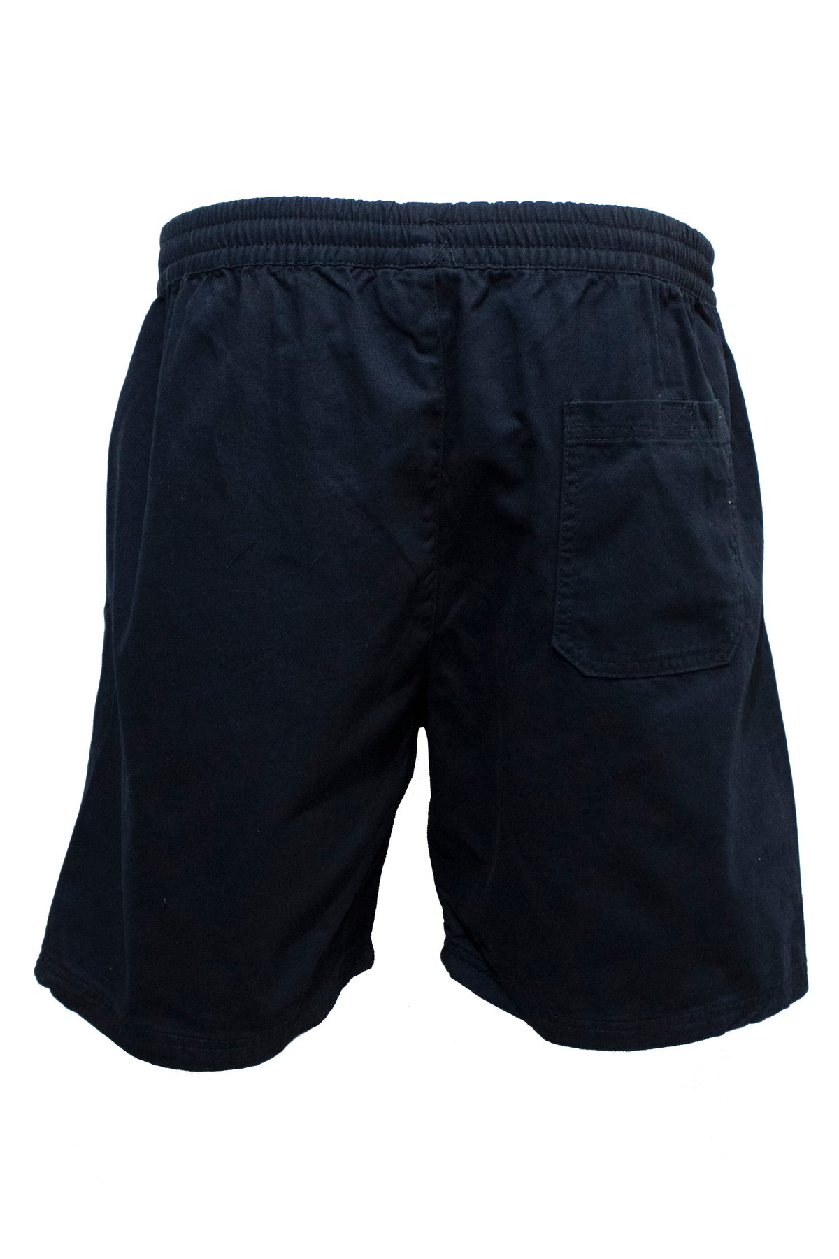 Back view of the Pilgrim Twill Rugger Short in black cotton, featuring an elastic waist and a single right back pocket, displayed on a white background.
