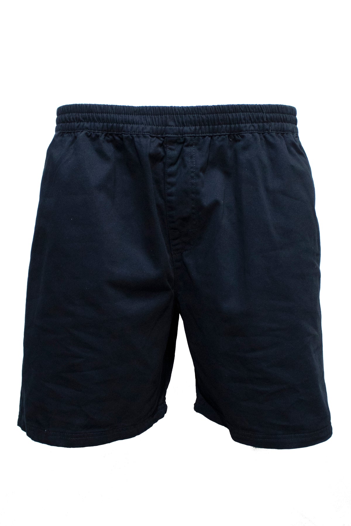 The Pilgrim Twill Rugger Short is a comfortable pair of black cotton shorts with an elastic waistband, shown on a white background.
