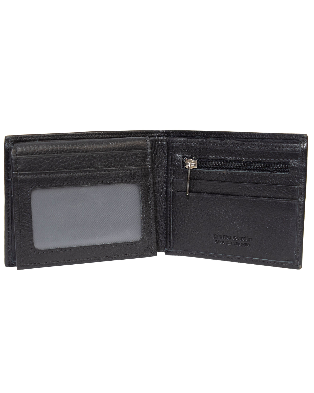 The Pierre Cardin Leather Wallet is crafted from genuine Italian leather and includes an ID window, zippered coin pocket, embossed interior text, and built-in RFID protection.