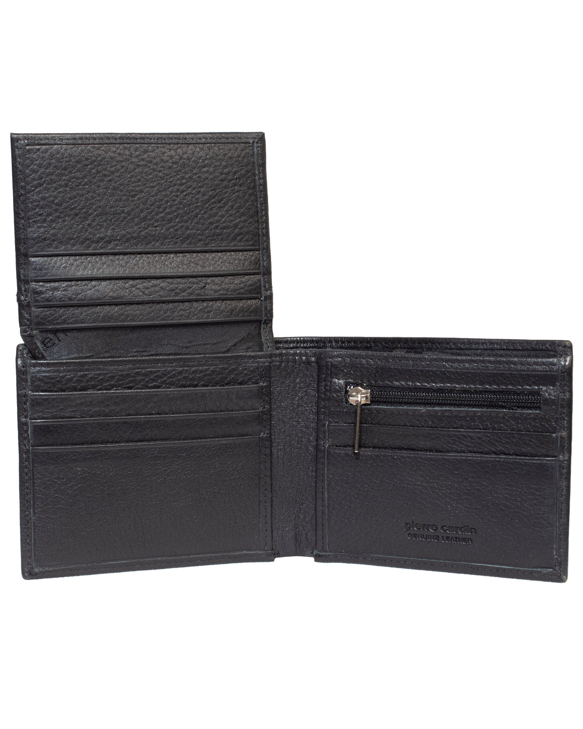The Pierre Cardin Leather Wallet, made from genuine Italian leather, offers RFID protection, several card slots, a zippered coin pocket, and embossed branding. Shown empty and neatly displayed against a white background.