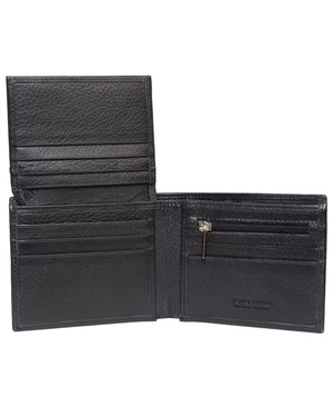 The Pierre Cardin Leather Wallet, made from genuine Italian leather, offers RFID protection, several card slots, a zippered coin pocket, and embossed branding. Shown empty and neatly displayed against a white background.