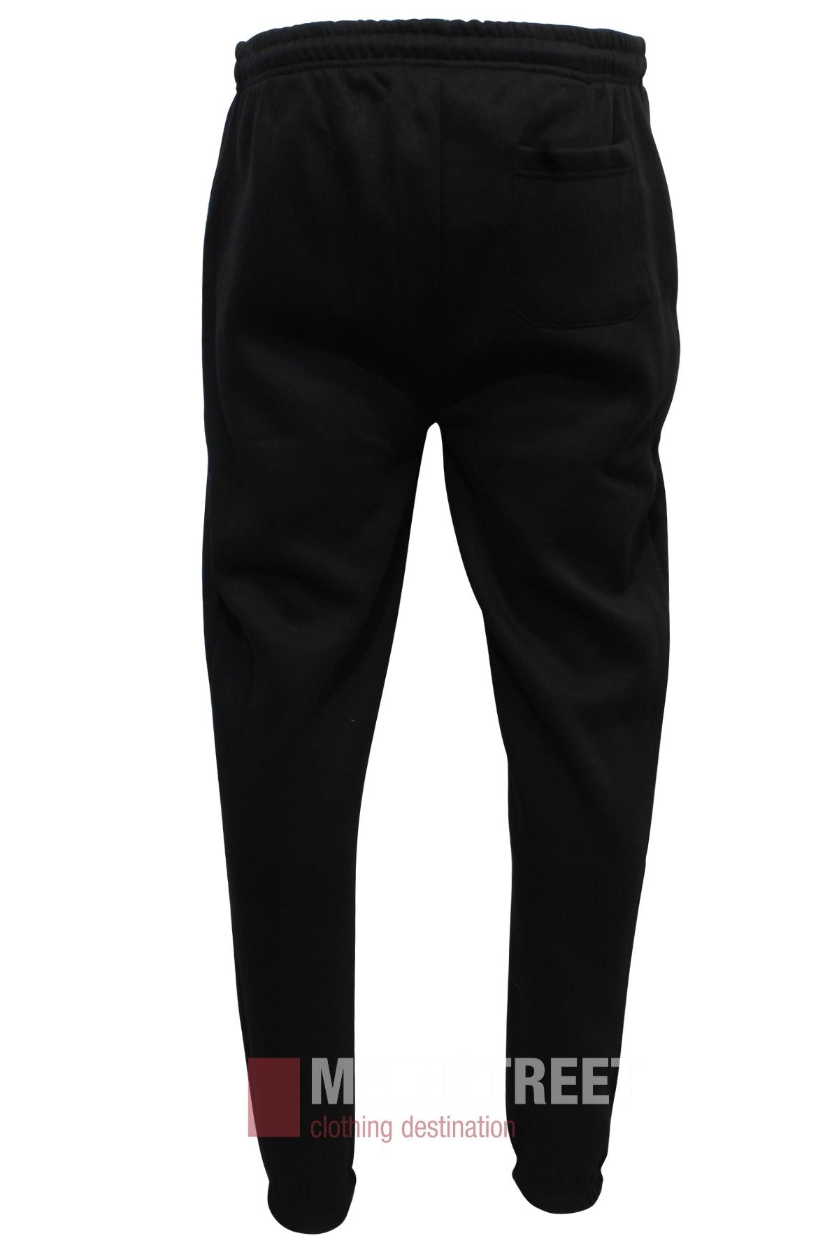 The Pilgrim Fleece Trackpant Elastic Cuff joggers in black are shown from the back, featuring an elastic waist, a single rear pocket, and tapered legs.