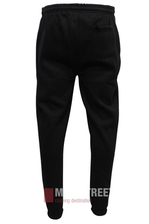 The Pilgrim Fleece Trackpant Elastic Cuff joggers in black are shown from the back, featuring an elastic waist, a single rear pocket, and tapered legs.