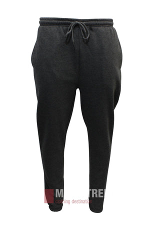 The Pilgrim Fleece Trackpant Elastic Cuff in dark gray features an elastic waist, adjustable drawstring, side pockets, and tapered legs, shown against a white background.