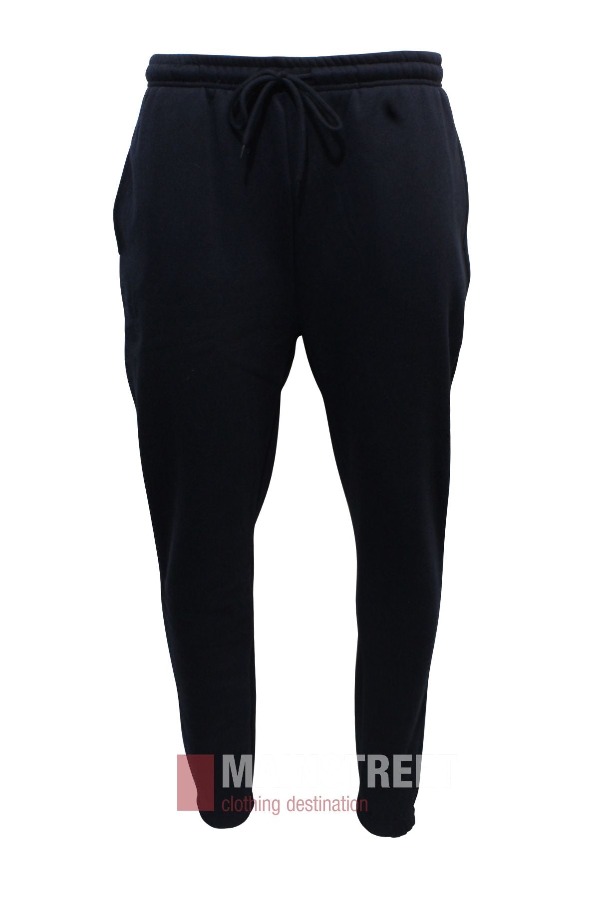 Pilgrim Fleece Trackpant Elastic Cuff in black, featuring an elastic waistband with drawstring, side pockets, and a tapered leg design, shown against a plain white background.