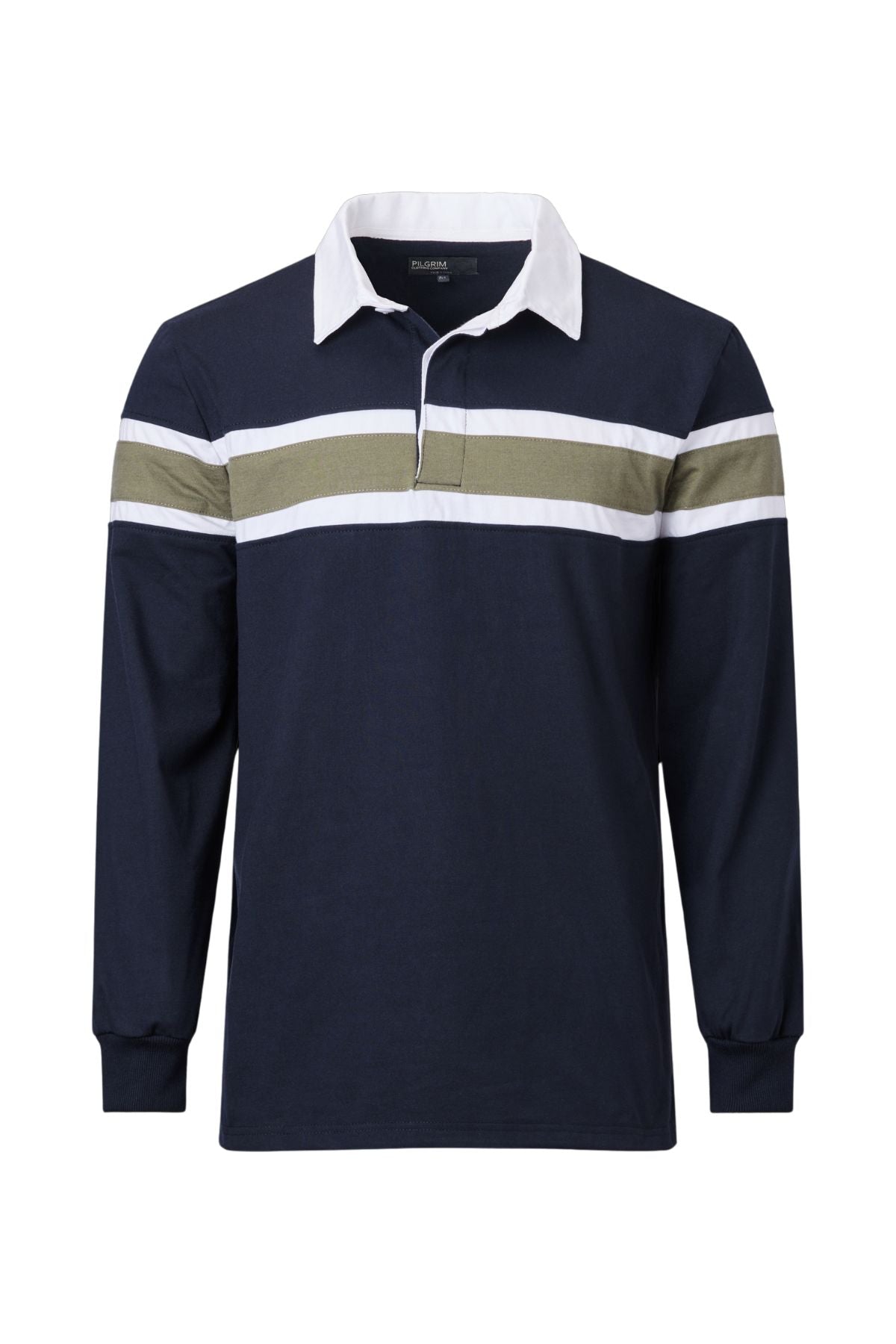 The Pilgrim Rugby Top is a navy blue piece with white and olive green chest stripes, a crisp white collar, vintage sportswear details, and ribbed cuffs.