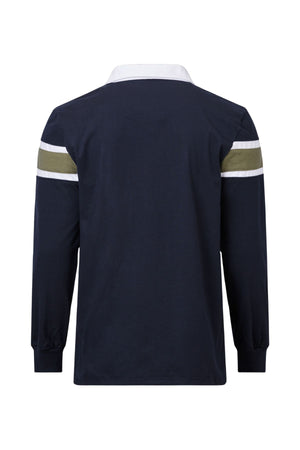 The Pilgrim Rugby Top is a vintage-inspired, long-sleeve dark navy shirt with a white collar and white and olive green horizontal stripes on the upper sleeves, shown from the back.