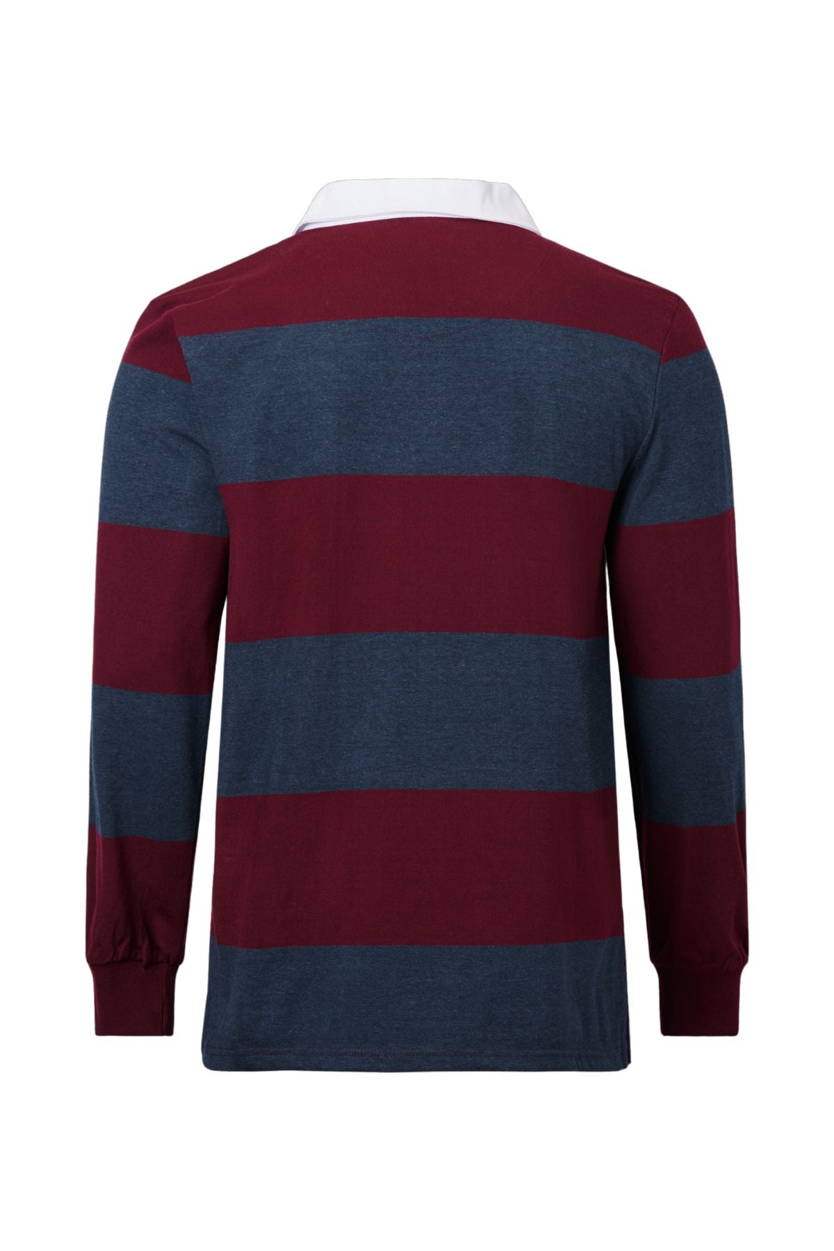 Back view of the Pilgrim Rugby Top, a vintage sportswear shirt featuring wide maroon and navy blue stripes, a classic white collar, and ribbed cuffs.