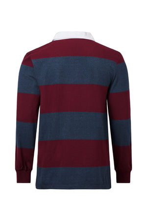 Back view of the Pilgrim Rugby Top, a vintage sportswear shirt featuring wide maroon and navy blue stripes, a classic white collar, and ribbed cuffs.