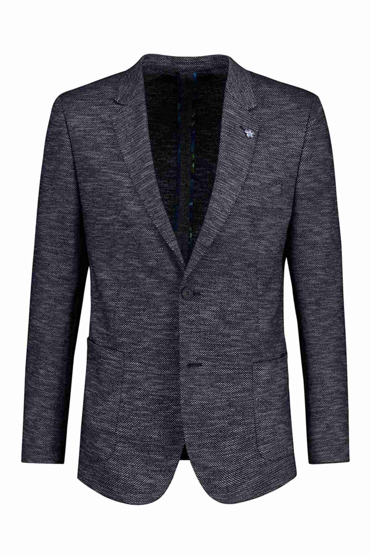 The Uberstone Zeller Jacket is a tailored dark grey wool blend blazer with a textured finish, notched lapels, two buttons, and two front pockets, shown against a white background for a refined look.