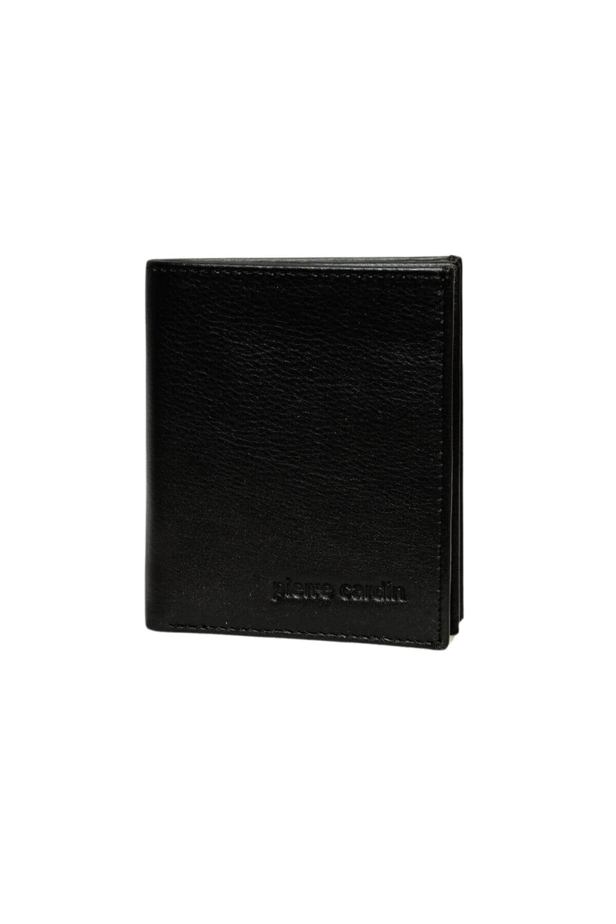The Pierre Cardin Wallet, crafted from genuine Italian leather in black, features RFID protection and a subtle logo embossed on the lower right corner. It is displayed standing against a white background.