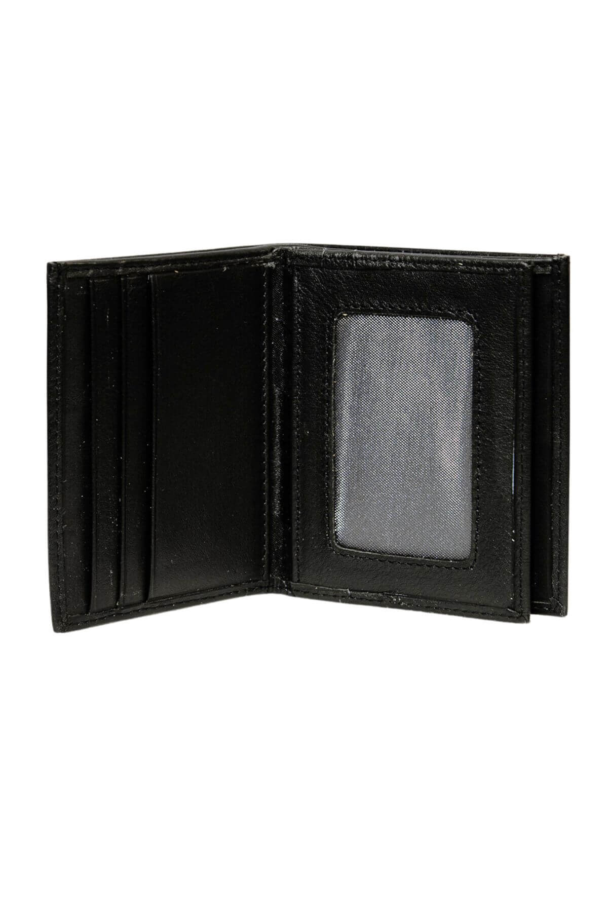 The Pierre Cardin Wallet, crafted in black genuine Italian leather with RFID protection, features multiple card slots left and a clear ID window right. Shown empty against a white background.