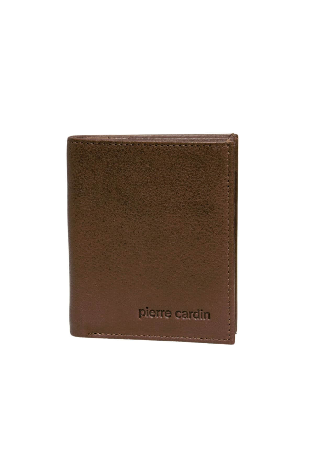 The Pierre Cardin Wallet, shown on a white background, is brown and crafted from genuine Italian leather with the brand name embossed in lowercase at the bottom right corner. It also features RFID protection.