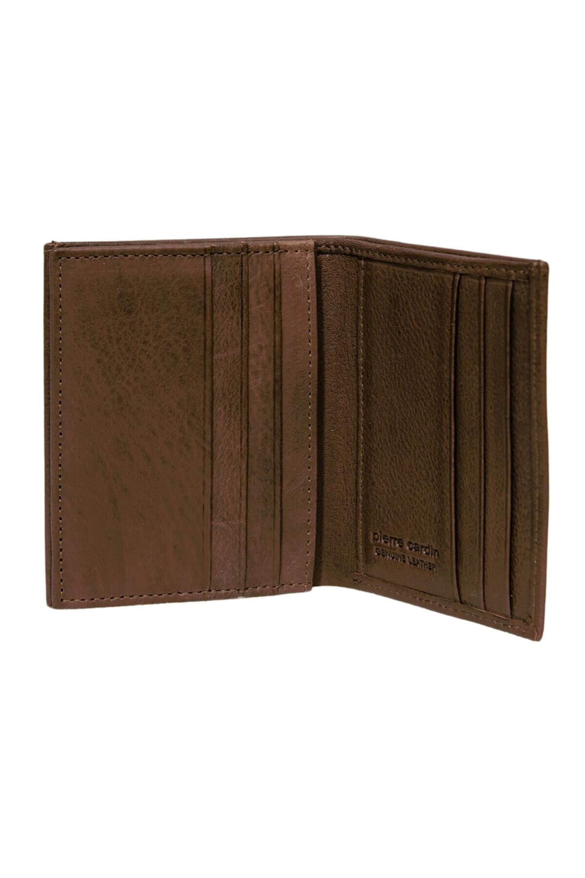 The Pierre Cardin Wallet, crafted from genuine Italian brown leather, is shown open to reveal multiple card slots and an embossed logo. This stylish bi-fold offers RFID protection and is photographed empty against a white background.