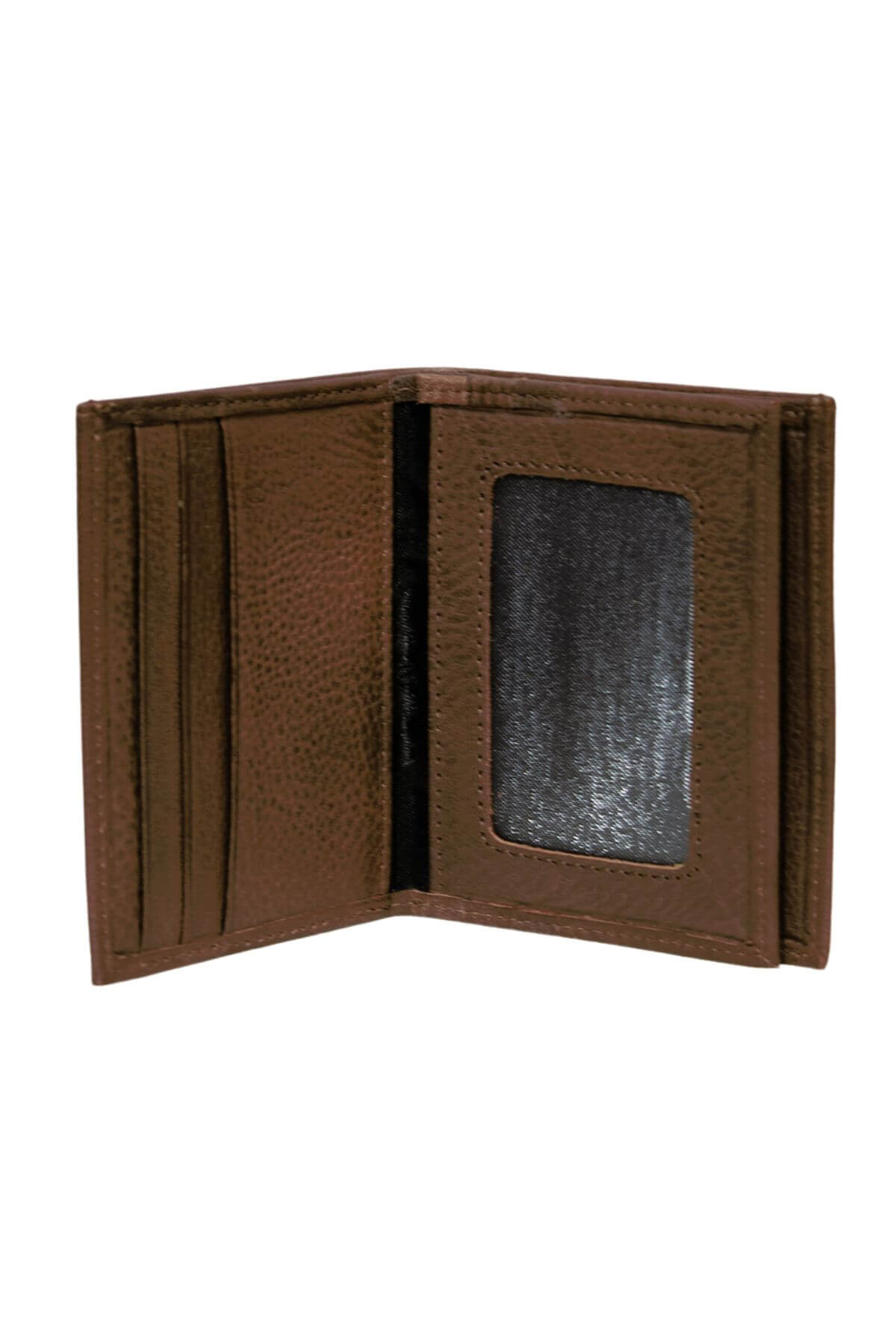The open Pierre Cardin Wallet, made from genuine Italian leather, has card slots on the left and a transparent ID window on the right. The empty brown wallet is displayed against a white background.