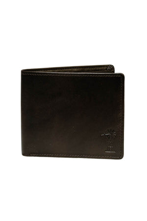 The Pilbara Leather Wallet is a genuine leather black bi-fold wallet featuring a small embossed windmill design on the bottom right corner. It offers RFID protection, boasts a smooth texture, and has visible stitching along the edges.