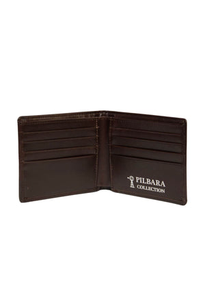 A dark brown Pilbara Leather Wallet is open, revealing multiple card slots on both sides. The inside displays the text "Pilbara Collection" alongside a small tree logo and RFID protection to keep your information safe.