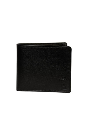 A sleek, black Pilbara Leather Wallet with RFID protection is shown closed against a white background. The wallet features simple, clean lines and has a small, minimalist embossed logo of a windmill at the bottom right corner. This Ritemate accessory perfectly blends style and security.