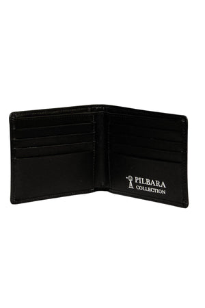 A sleek, black bi-fold "Pilbara Leather Wallet" is open, showcasing multiple card slots on both sides. The right side displays the text "Ritemate Pilbara Collection" in white, accompanied by a small windmill logo. This sophisticated wallet also features RFID protection for your cards.