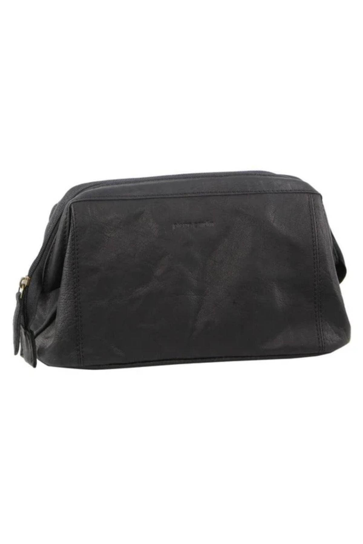 The Pierre Cardin Leather Toiletry Bag is a black, rectangular genuine leather bag with visible stitching and a side zipper closure, shown against a white background.