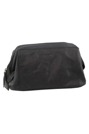 The Pierre Cardin Leather Toiletry Bag is a black, rectangular genuine leather bag with visible stitching and a side zipper closure, shown against a white background.