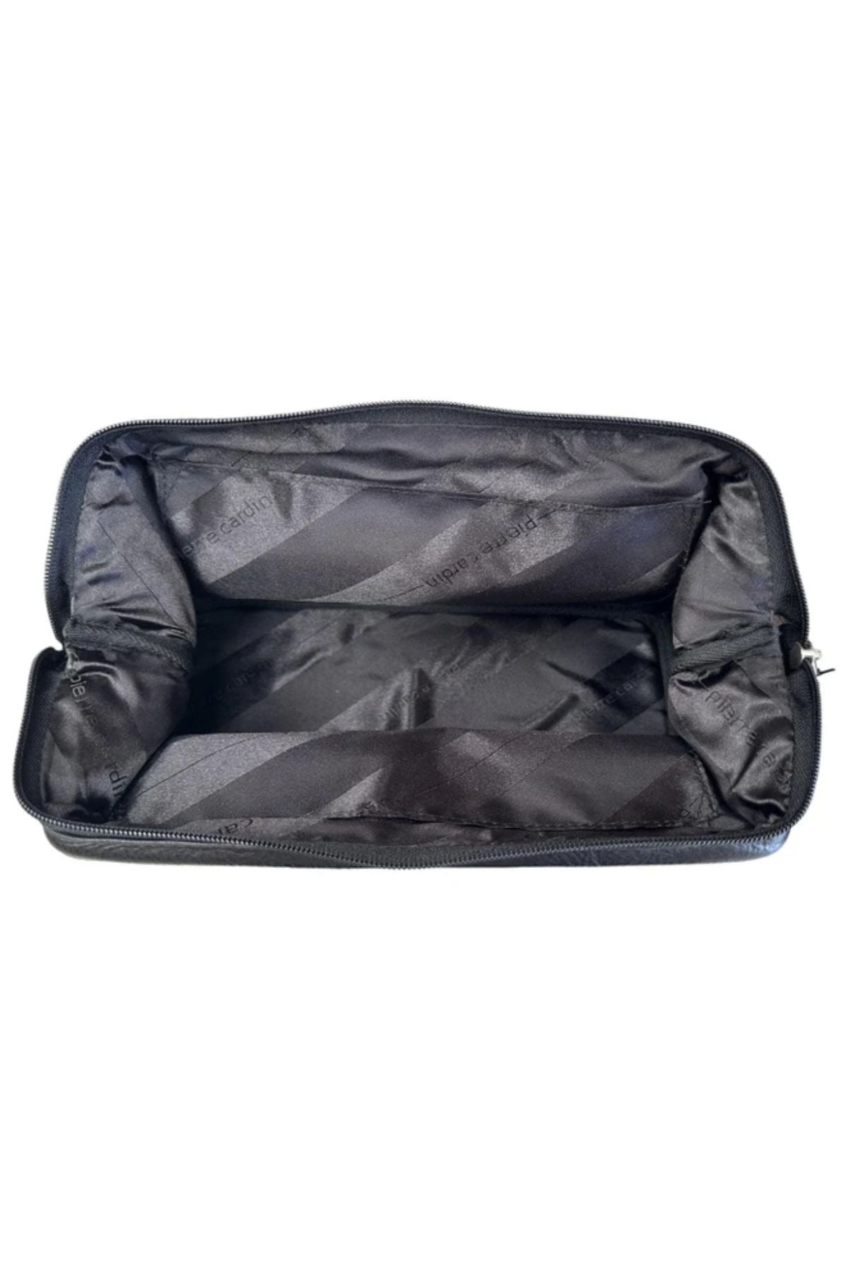 A black rectangular Pierre Cardin Leather Toiletry Bag with a spacious, empty interior and soft padded sides is displayed open from above against a white background.