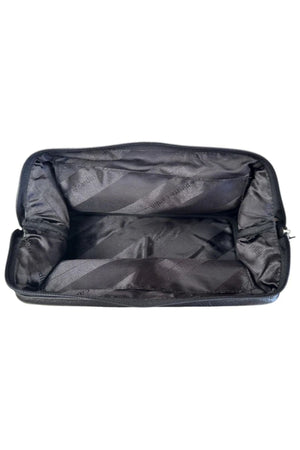 A black rectangular Pierre Cardin Leather Toiletry Bag with a spacious, empty interior and soft padded sides is displayed open from above against a white background.