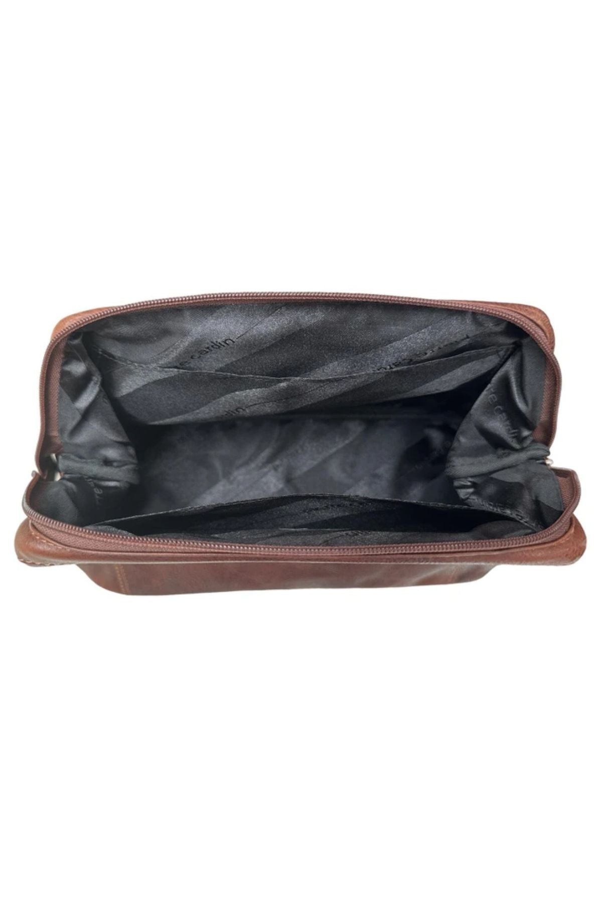 The Pierre Cardin Leather Toiletry Bag, crafted from genuine leather with a black fabric interior, is shown open and empty from above on a white background—ideal for use as an elegant travel organizer.