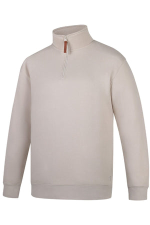 The Pilbara Classic Fleece Pullover is a light beige, long-sleeve sweatshirt with a stand-up collar and partial zipper with a brown pull tab. It features a relaxed fit, cozy fleece lining, and ribbed cuffs and hem for comfort.