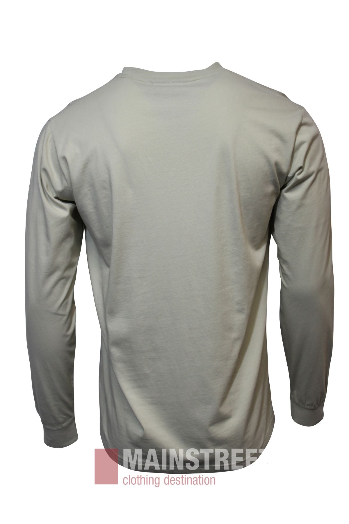 A plain, light gray Pilbara Classics Long Sleeve T-Shirt is shown from the back. This 100% cotton shirt features a crew neckline and elastic cuffs, with no visible designs or logos. "MAINSTREET clothing destination" appears at the bottom.