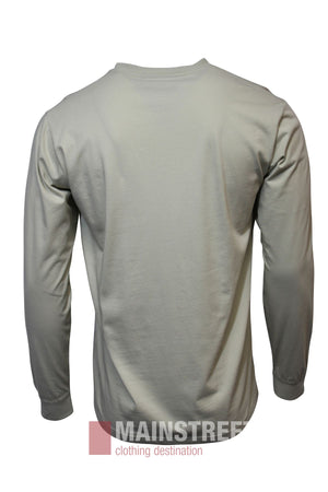 A plain, light gray Pilbara Classics Long Sleeve T-Shirt is shown from the back. This 100% cotton shirt features a crew neckline and elastic cuffs, with no visible designs or logos. "MAINSTREET clothing destination" appears at the bottom.