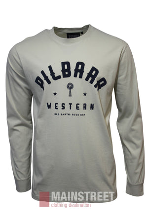 The Pilbara Classics Long Sleeve T-Shirt is 100% cotton in cream, with elastic cuffs, “PILBARRA WESTERN” and a windmill graphic on the chest, and “RED EARTH - BLUE SKY” in bold black letters below.
