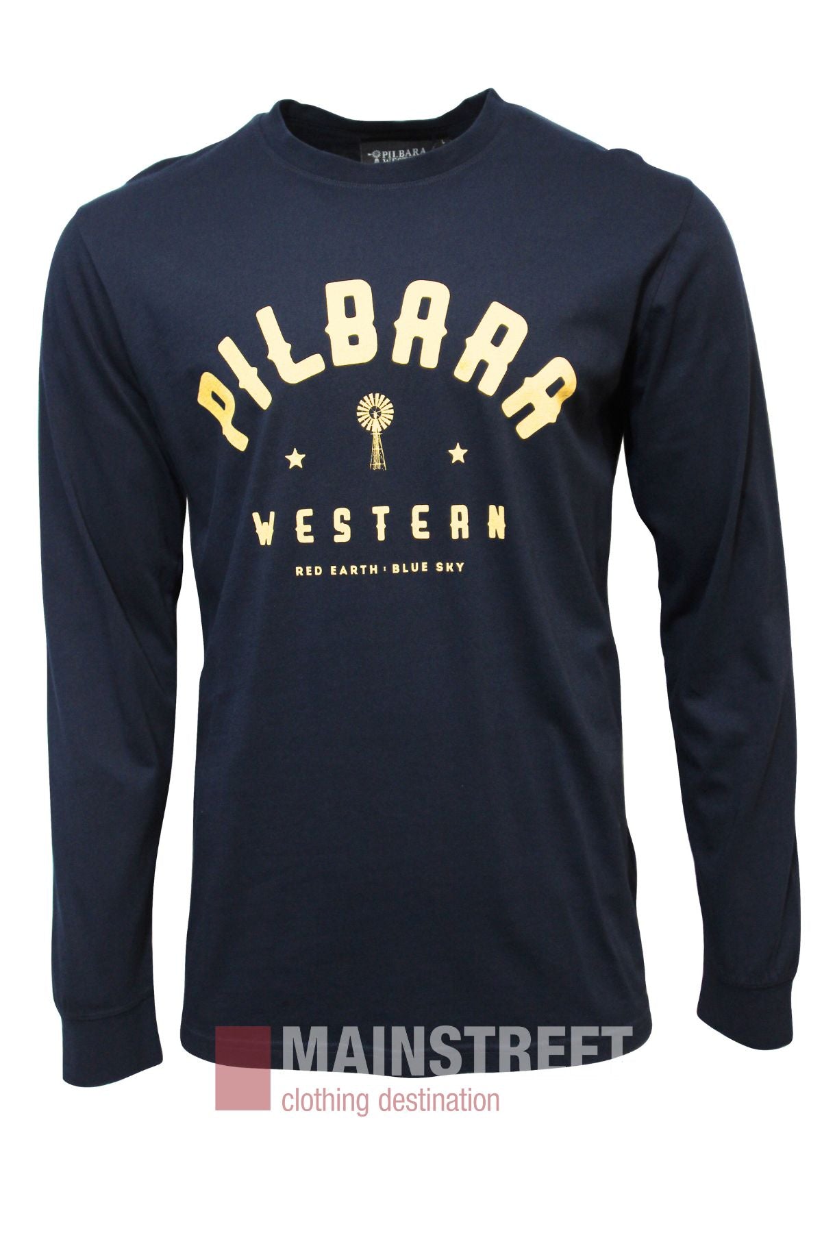 The Pilbara Classics Long Sleeve T-Shirt in navy is made from 100% cotton, features "PILBARRA WESTERN" in yellow, a windmill graphic, "RED EARTH. BLUE SKY" in white below, and has elasticised cuffs for comfort.