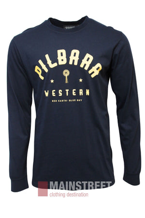 The Pilbara Classics Long Sleeve T-Shirt in navy is made from 100% cotton, features "PILBARRA WESTERN" in yellow, a windmill graphic, "RED EARTH. BLUE SKY" in white below, and has elasticised cuffs for comfort.