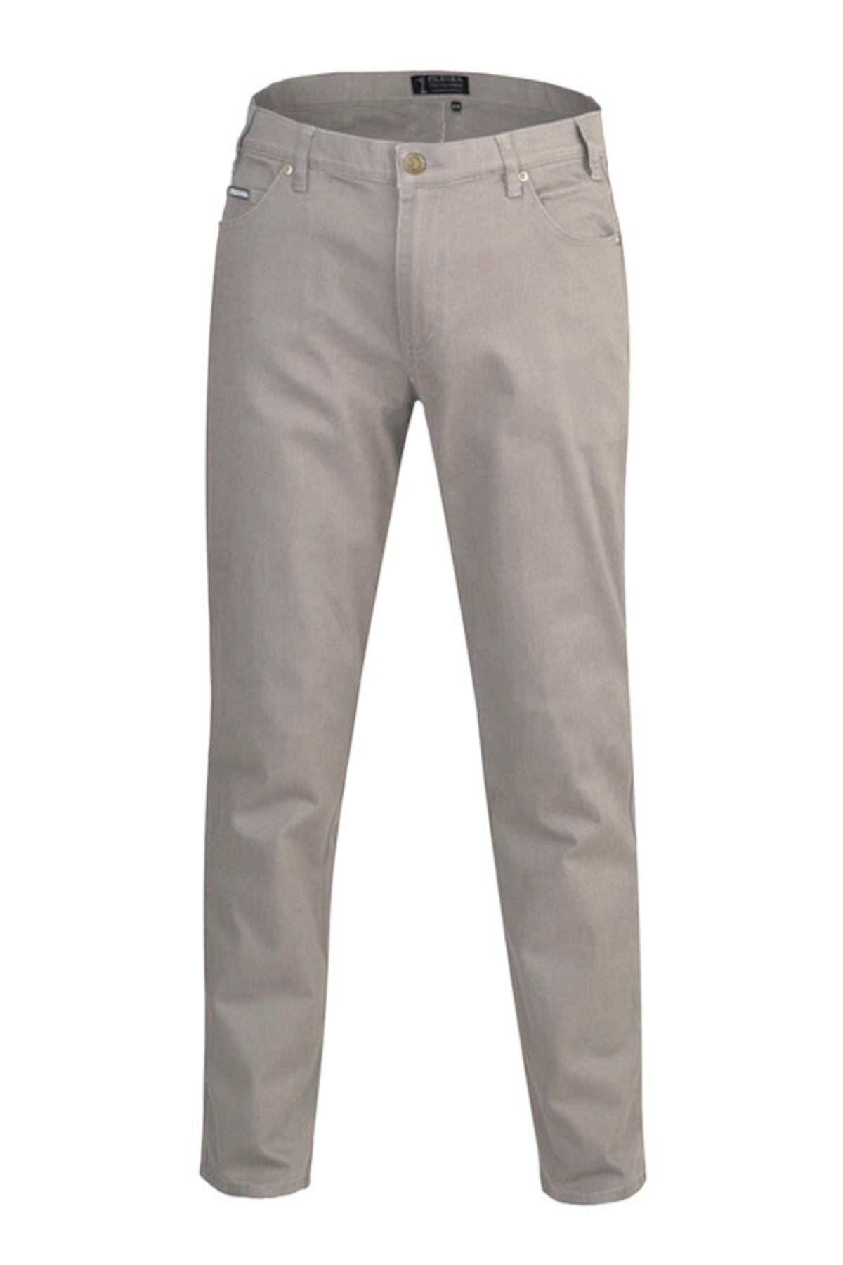 A pair of Pilbara Cotton Stretch Jeans in light beige, featuring belt loops, front pockets, a button closure, and zip fly, displayed against a white background.