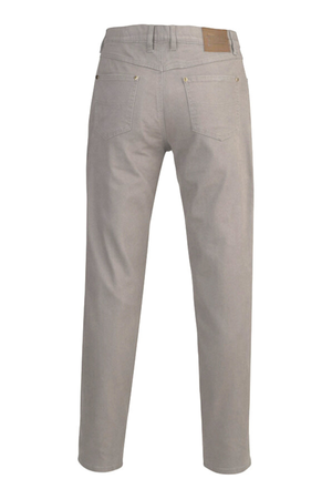 The Pilbara Cotton Stretch Jean is shown from the back in light gray with two back pockets, gold rivet accents, and a brown leather waistband patch. These straight-leg cotton stretch jeans are displayed against a white background.