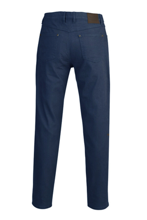 Back view of the Pilbara Cotton Stretch Jean in dark blue, showing two back pockets, a brown waistband patch, and straight-cut legs.