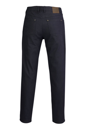 The Pilbara Cotton Stretch Jean in dark blue is shown from the back, highlighting two rear pockets, belt loops, a brown leather patch on the waistband, and a straight leg cut for classic style and comfort.