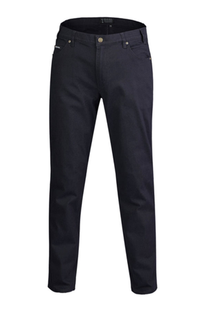 The Pilbara Cotton Stretch Jean in dark blue features a straight-leg cut, front and back pockets, and metallic buttons and rivets, shown against a plain white background.