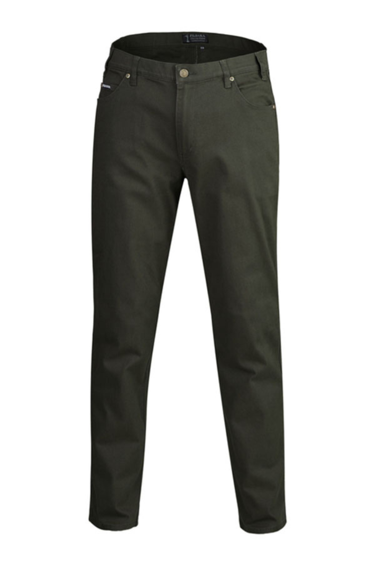 A pair of men’s Pilbara Cotton Stretch Jeans in olive green, featuring a slim fit, front and back pockets, belt loops, and button waist closure, shown on a white background.
