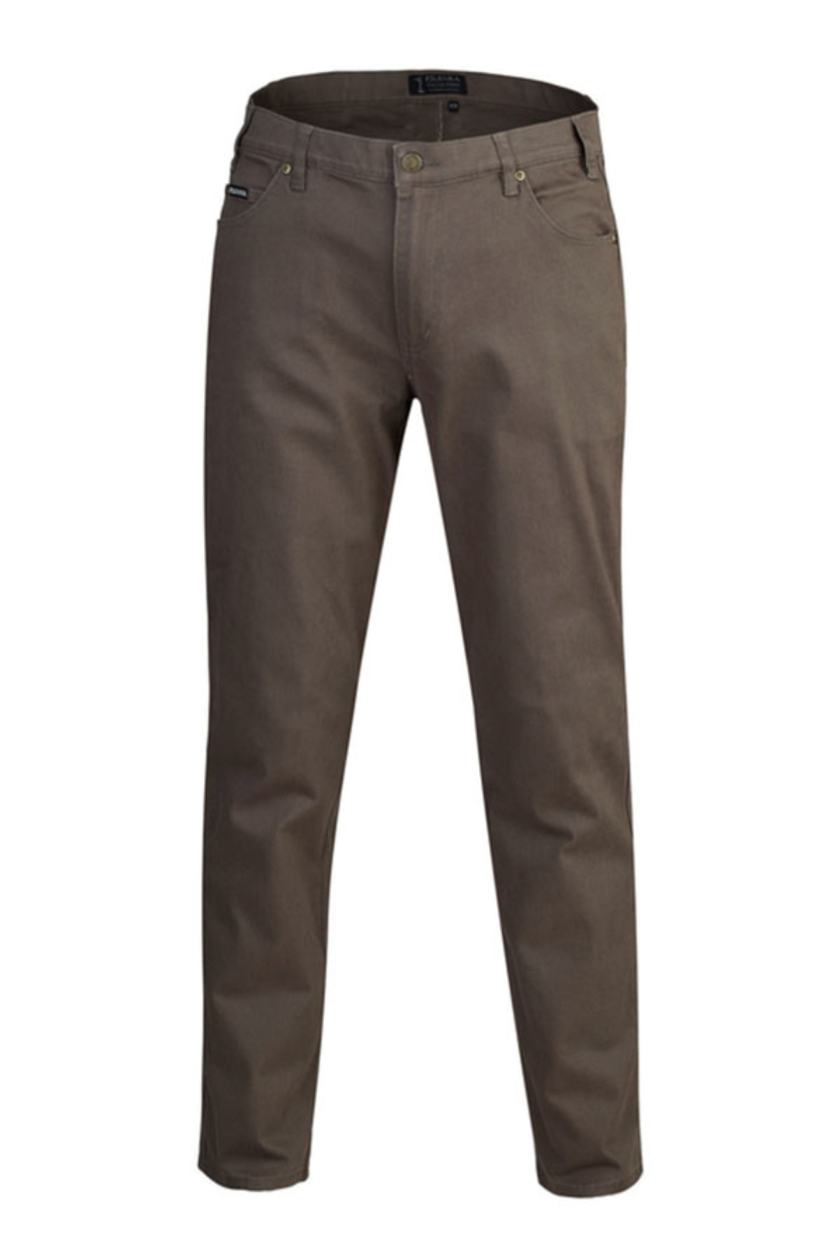 The Pilbara Cotton Stretch Jean—classic fit, straight-leg brown trousers with belt loops, front pockets, and a button-zip closure—crafted for comfort, displayed on a white background.
