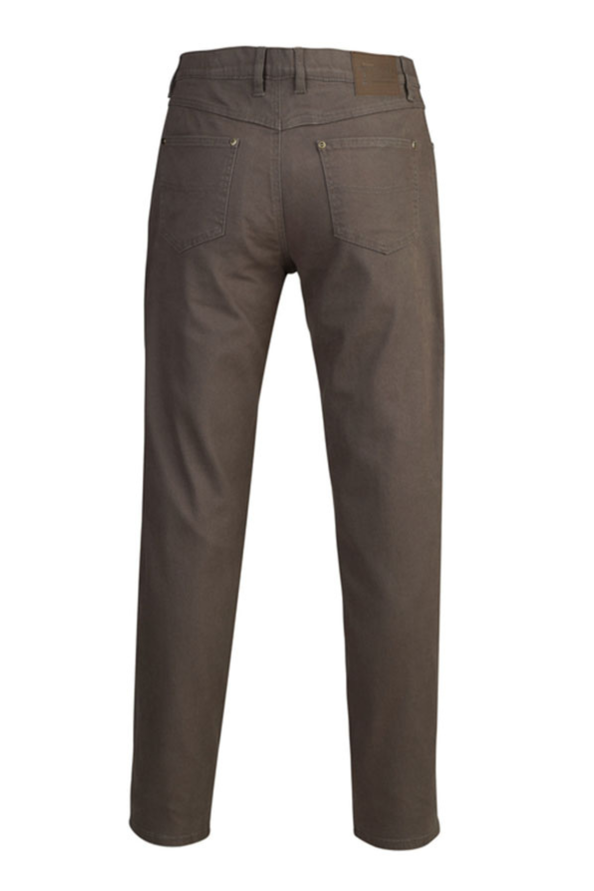 Back view of Pilbara Cotton Stretch Jean in brown, featuring two rear pockets, belt loops, and a leather patch on the waistband, displayed on a plain white background.
