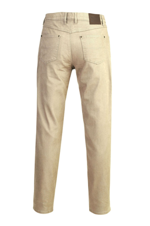 The Pilbara Cotton Stretch Jean in beige is shown from the back, featuring two rear pockets, belt loops, and a brown leather patch on the waistband.