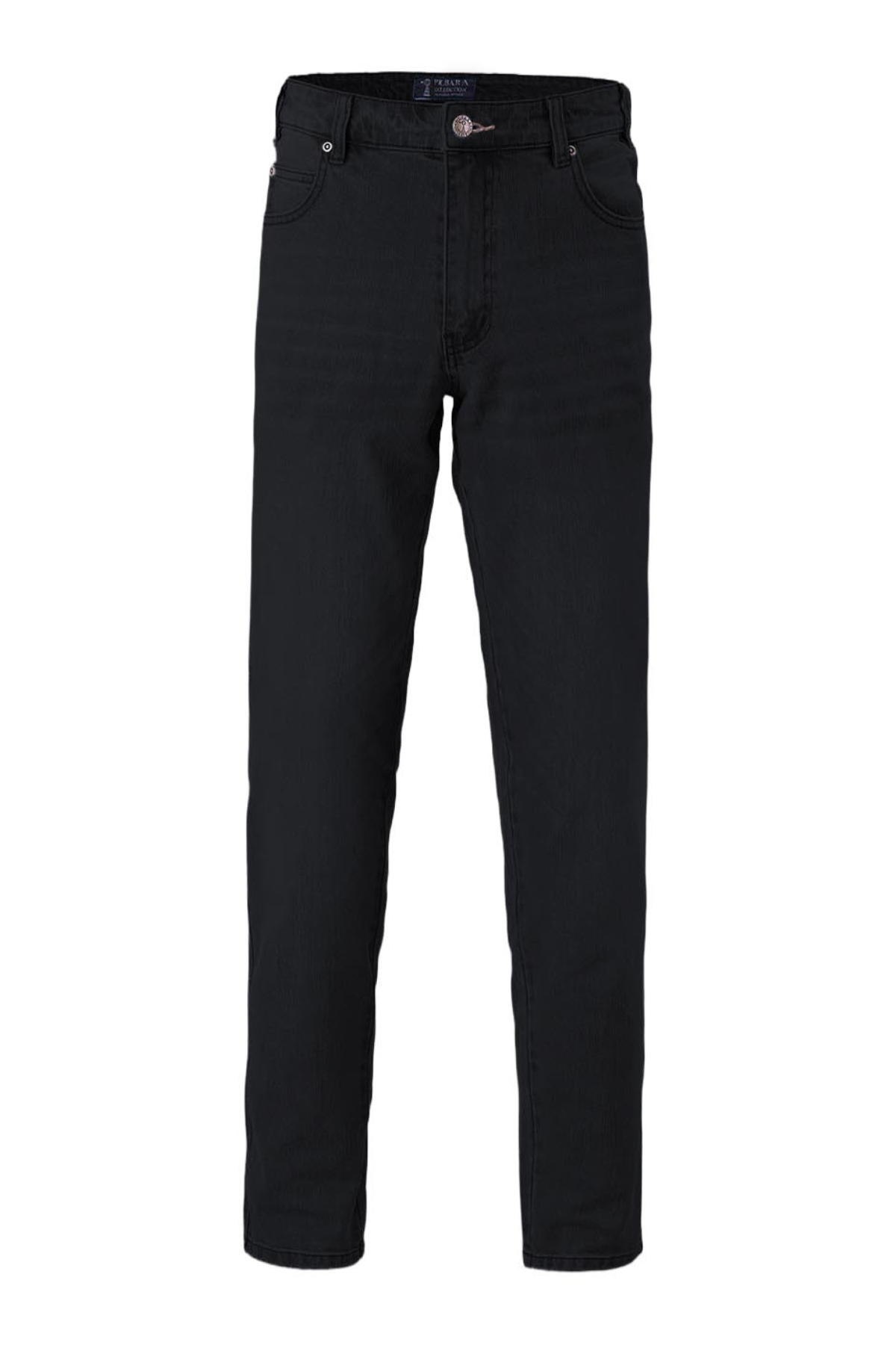 A pair of Pilbara Distress Denim Jeans in black is displayed against a white background, shown from the front with straight legs and classic five-pocket styling.